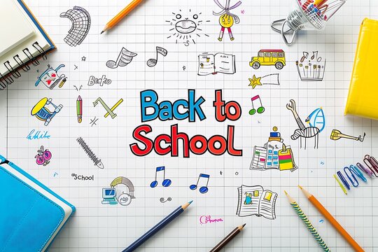 Back to School with colorful doodles of learning tools, bus, and books in a fun design