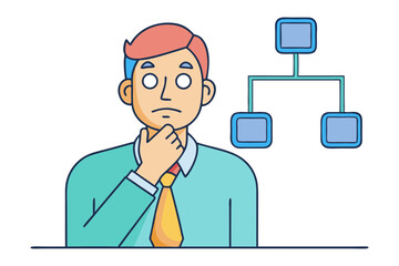 Confused businessman contemplating a hierarchical organizational chart with blank boxes representing unknown roles or decisions