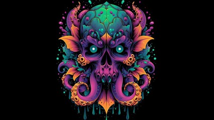Intricate and vibrant octopus skull art on black background