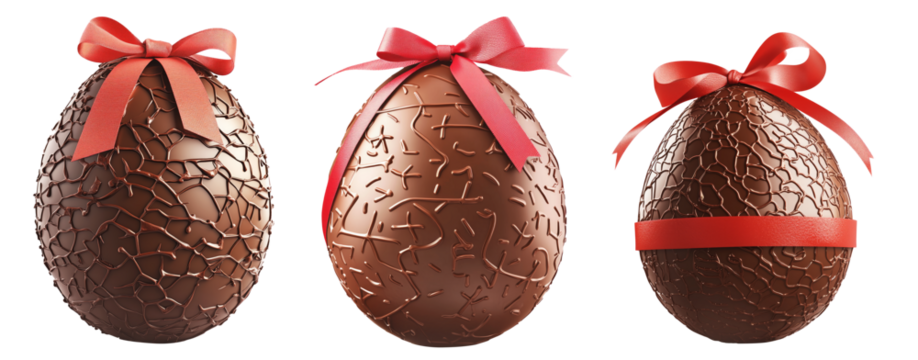 Glossy chocolate Easter egg with decorative pattern and red ribbon on top, isolated on white transparent background. Festive and sweet holiday celebration concept
