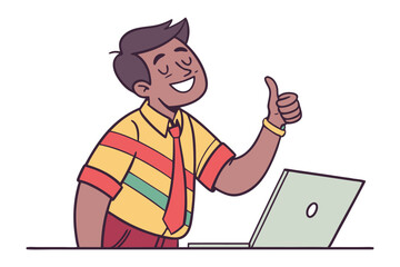 Happy businessman with closed eyes gives a thumbs up while working on a laptop conveying success and satisfaction with his work