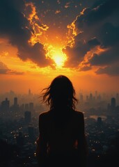 businesswoman back cityscape view concept. Silhouette against a stunning sunset over a city skyline.