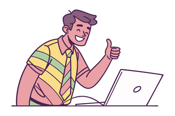 Smiling businessman gives thumbs up approval while working on laptop computer with a colorful striped shirt and tie