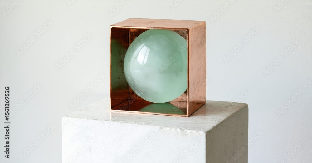 Poster sculpture features sphere within copper cube. minimalist design rests upon white pedestal. soft ligh