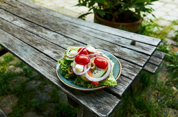 Plate of food with a variety of vegetables including lettuce, tomatoes