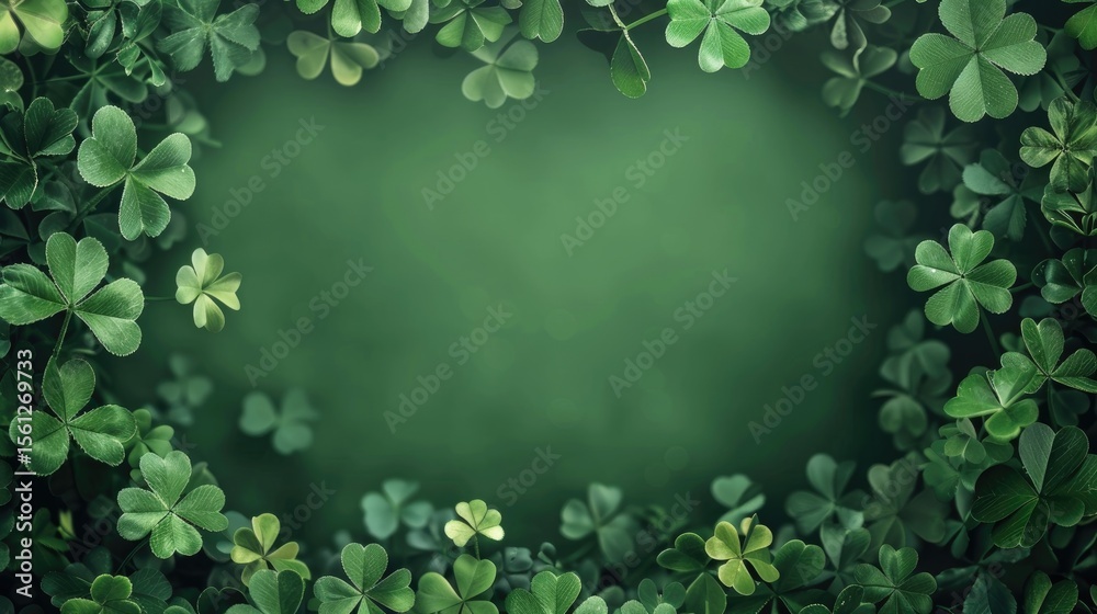 Poster abstract green backdrop decorated with shamrock clovers forming a natural leafy border