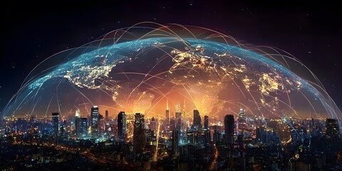 Earth with global network connections linking cities across continents, symbolizing connectivity and data transfer between borders.