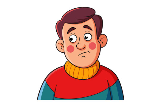 Confused Man Cartoon Illustration: A cartoon illustration of a man with a confused expression, looking upward with slightly wide eyes and rosy cheeks, wearing a red and teal sweater.