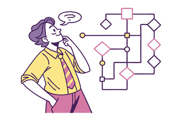 Curious person contemplating a complex flowchart with question mark symbolizing thought process and decision making