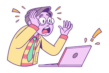 Shocked businessman with hands on head stares at laptop screen with exclamation mark symbolizing stress and overwhelm