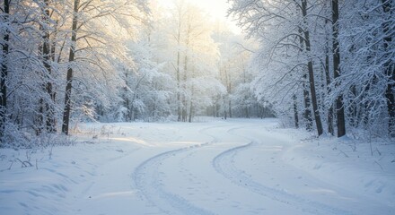 Fototapeta premium Serene winter landscape with snow-covered trees and a winding path offering a peaceful escape
