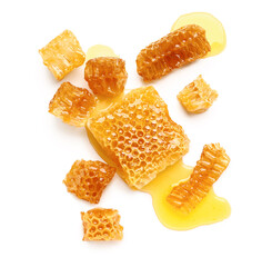 Sweet honeycombs on white background