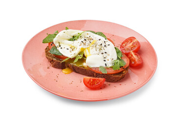 Plate of tasty sandwich with egg on white background