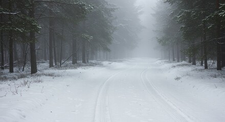 Fototapeta premium Snowy forest path shrouded in mist creating a serene and mysterious winter landscape