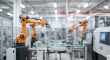 Blurred Image of Industrial Robots in a Modern Factory Setting