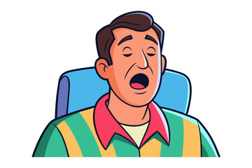 Cartoon man with eyes closed and mouth open wide appearing to yawn or sing loudly while sitting in a chair