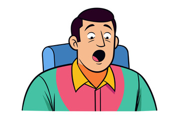 Cartoon man sitting in chair with wide open mouth and shocked expression on white background