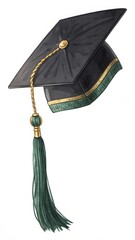 A black graduation cap with a gold tassel and trim depicted in a watercolor style