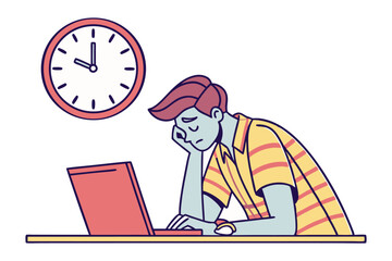 Exhausted person feeling overwhelmed and bored while working late on a laptop with a clock showing the time