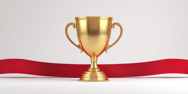 Shiny golden award with red ribbon isolated on plain white background