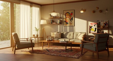 Sunlit living room showcasing mid-century modern furniture and eclectic decor elements beautifully