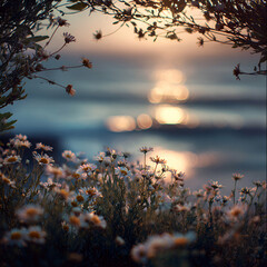 Coastal Daisy Dreamscape: Daisies bloom near the ocean, their delicate petals kissed by the golden light of the sunset. The scene evokes feelings of peace and serenity by the tranquil ocean.