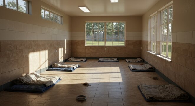 Sunlit room with multiple dog beds showcases a compassionate pet shelter environment for adoption - Powered by Adobe