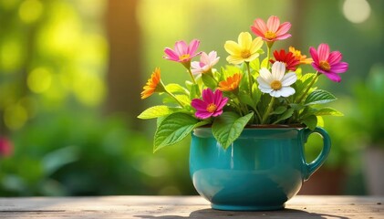 Sunlit Ceramic Pot Overflowing with Vibrant Spring Flowers and Lush Greenery, Perfect for Home Decor and Gardening Themes