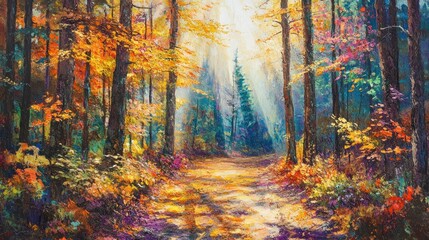 Vibrant autumnal path illuminated by sunbeams piercing through the dense colorful woodland