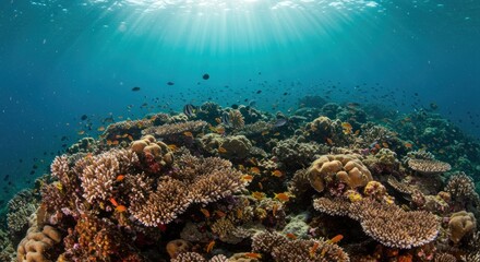 Vibrant coral reef ecosystem teeming with marine life under a sunlit ocean surface