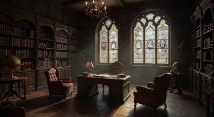 Vintage gothic library interior, rich with dark wood, intricate details and stained glass windows