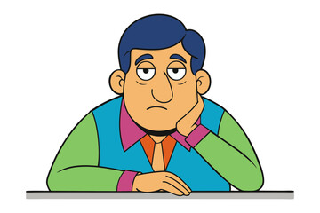 A cartoon man with blue hair and a colorful shirt rests his head on his hand with a bored or tired expression
