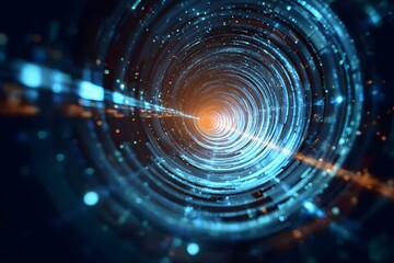 Abstract futuristic digital background with a glowing spiral tunnel, representing data transfer and technology concepts.