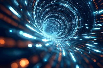 Abstract futuristic digital background with a glowing spiral tunnel, representing data transfer and technology concepts.