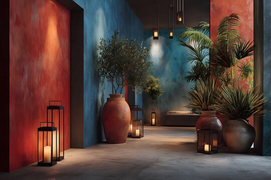 Modern interior with terracotta and blue walls, potted plants, and ambient lantern lighting