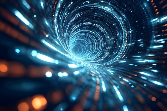 Abstract futuristic digital background with a glowing spiral tunnel, representing data transfer and technology concepts.