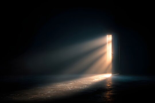 A door cracked open with dramatic light beams breaking the darkness – symbolic concept of hope and awakening