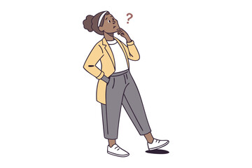 Woman contemplating a question: An illustration depicts a woman in thoughtful pose, a large question mark subtly hints at her internal deliberation as she seeks answers or contemplates options.