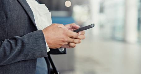 Business person, hands and browsing with phone at airport for travel, online booking or app....