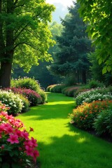 Naklejka premium Serene Lush Garden Landscape Vibrant Flowering Shrubs, Mature Trees, Tranquil Outdoor Scene Ideal for Real Estate, Landscaping & Garden Design