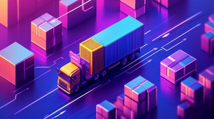 A vibrant truck transports goods through a technicolor landscape. The journey is modern and dynamic. A visual representation of logistics and delivery systems. Generative AI