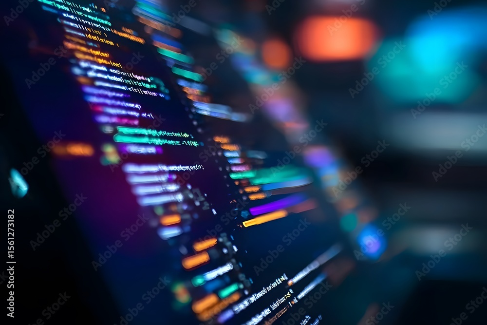 Fototapete close-up of an interactive screen displaying code in the foreground, with blurred-out digital market