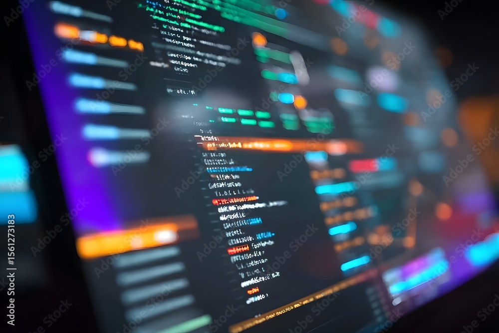 Fototapete close-up of an interactive screen displaying code in the foreground, with blurred-out digital market