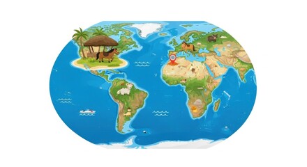 Naklejka premium A colorful world map showcasing diverse animals and habitats from different continents and regions