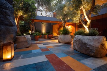 Modern abstract patio with colorful tiles and natural stone planters at dusk