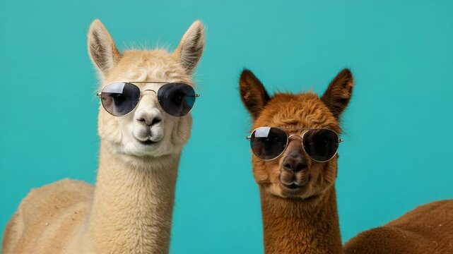 Two llamas wearing sunglasses against a blue background  