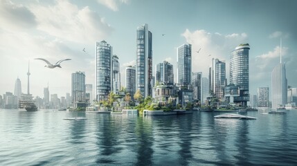 Fototapeta premium A futuristic cityscape emerges from tranquil waters. Tall buildings shimmer under the vibrant sky. Nature and architecture coexist harmoniously. Generative AI