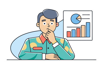 A thoughtful businessman contemplates financial data presented on a pie chart and bar graph considering future strategies