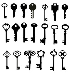 Set of Vintage Key Icons – Black Silhouette Antique Keys for Graphic Design and UI Elements
