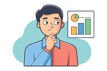 A thoughtful man with his hand on his chin contemplating a financial chart showing growth and data analysis